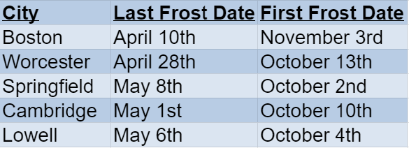 massachusetts frost dates