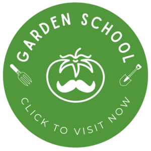 The Gardening Dad's Garden School Logo is a tomato with a mustache surrounded by a trowel and a garden rake; text "Click to visit now".